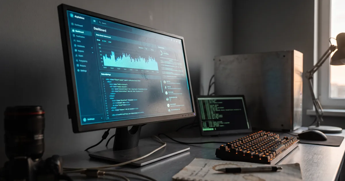Рабочий стол разработчика крупным планом: монитор с дашбордом расходов на API и графиком снижающихся затрат, синее свечение экранов в тёмной графитовой комнате, клавиатура и терминал в мягком боке.
