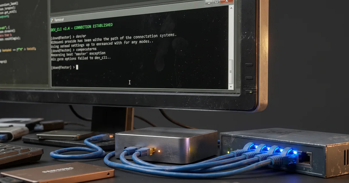Монитор с терминалом командной строки и подключёнными Ethernet-кабелями к сетевому коммутатору и мини-серверу на графитовом столе — метафора подключения MCP-серверов к Claude Code