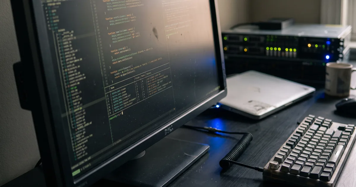 Тёмный рабочий стол разработчика крупным планом: монитор с планом выполнения SQL-запроса в терминале, рядом механическая клавиатура и стойка с индикаторами