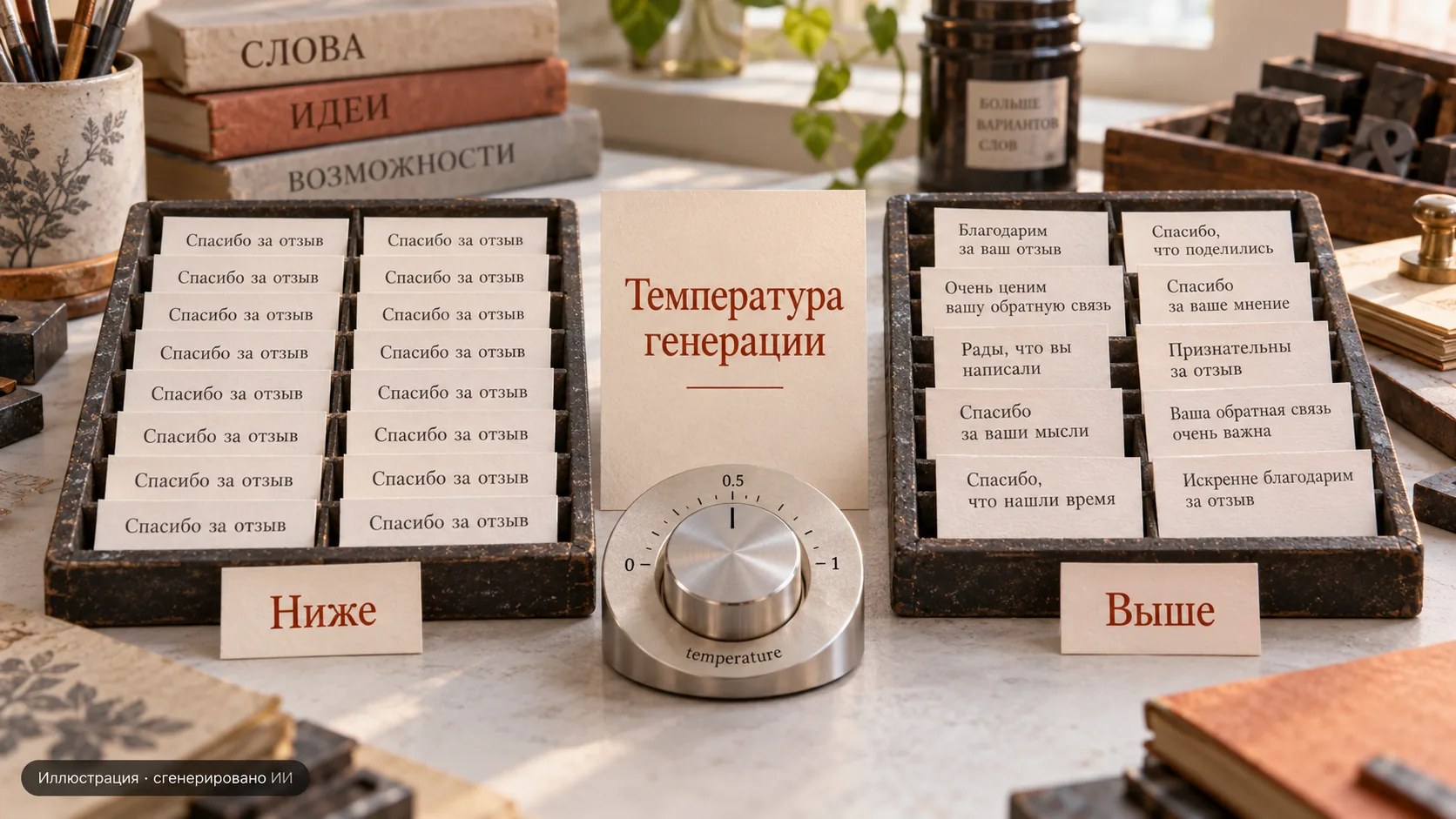 Два лотка с одинаковыми и разными формулировками рядом с регулятором temperature: метафора разнообразия генерации. Пометка «Иллюстрация · сгенерировано ИИ».