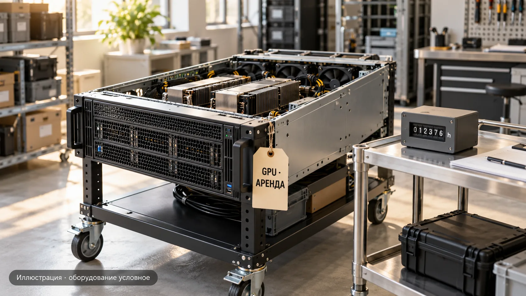 GPU-сервер с биркой «GPU · аренда» и счётчиком времени в светлой мастерской. Иллюстрация, оборудование условное.