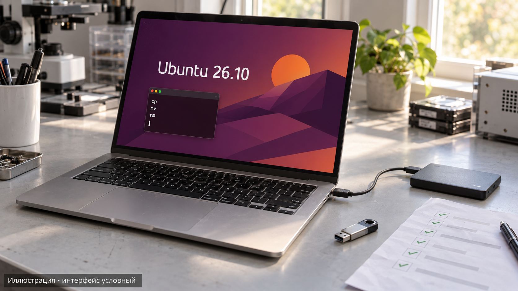 Ноутбук с условным экраном Ubuntu 26.10 и командами cp, mv, rm, установочная флешка и внешний накопитель. Пометка «Иллюстрация · интерфейс условный».