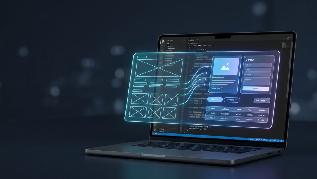 AI-агент Kombai в VS Code: переход от wireframe к готовому UI-компоненту на экране ноутбука