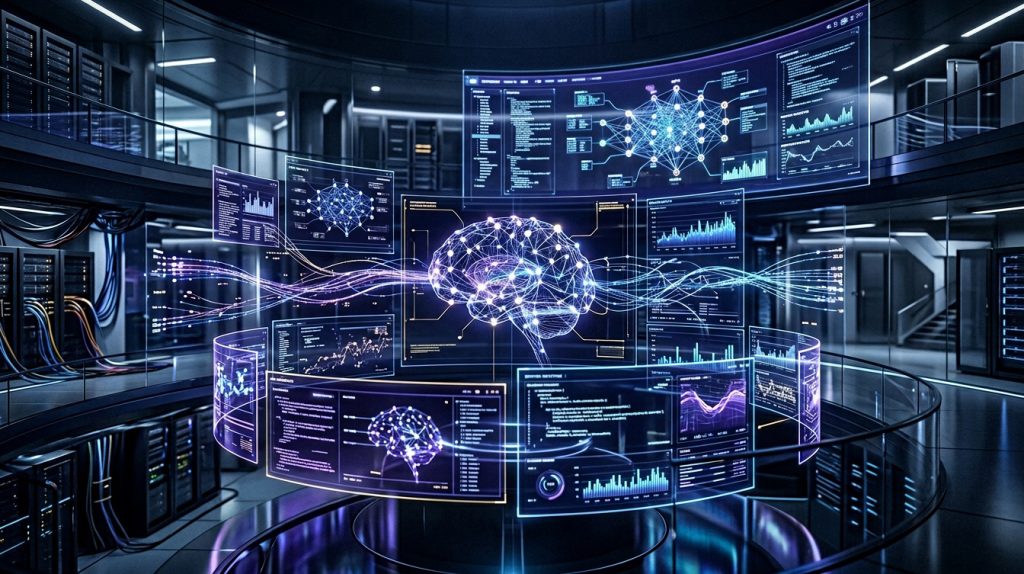 Футуристичный центр обработки данных с визуализацией нейросети, кодом и аналитическими дашбордами, символизирующий релиз OpenAI GPT-5.4 и развитие AI-агентов.