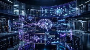 Футуристичный центр обработки данных с визуализацией нейросети, кодом и аналитическими дашбордами, символизирующий релиз OpenAI GPT-5.4 и развитие AI-агентов.