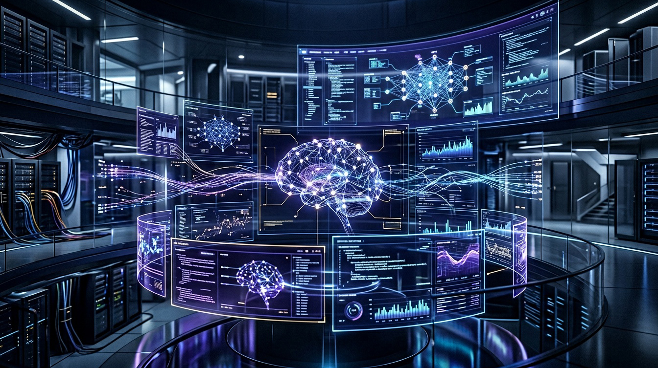 Футуристичный центр обработки данных с визуализацией нейросети, кодом и аналитическими дашбордами, символизирующий релиз OpenAI GPT-5.4 и развитие AI-агентов.
